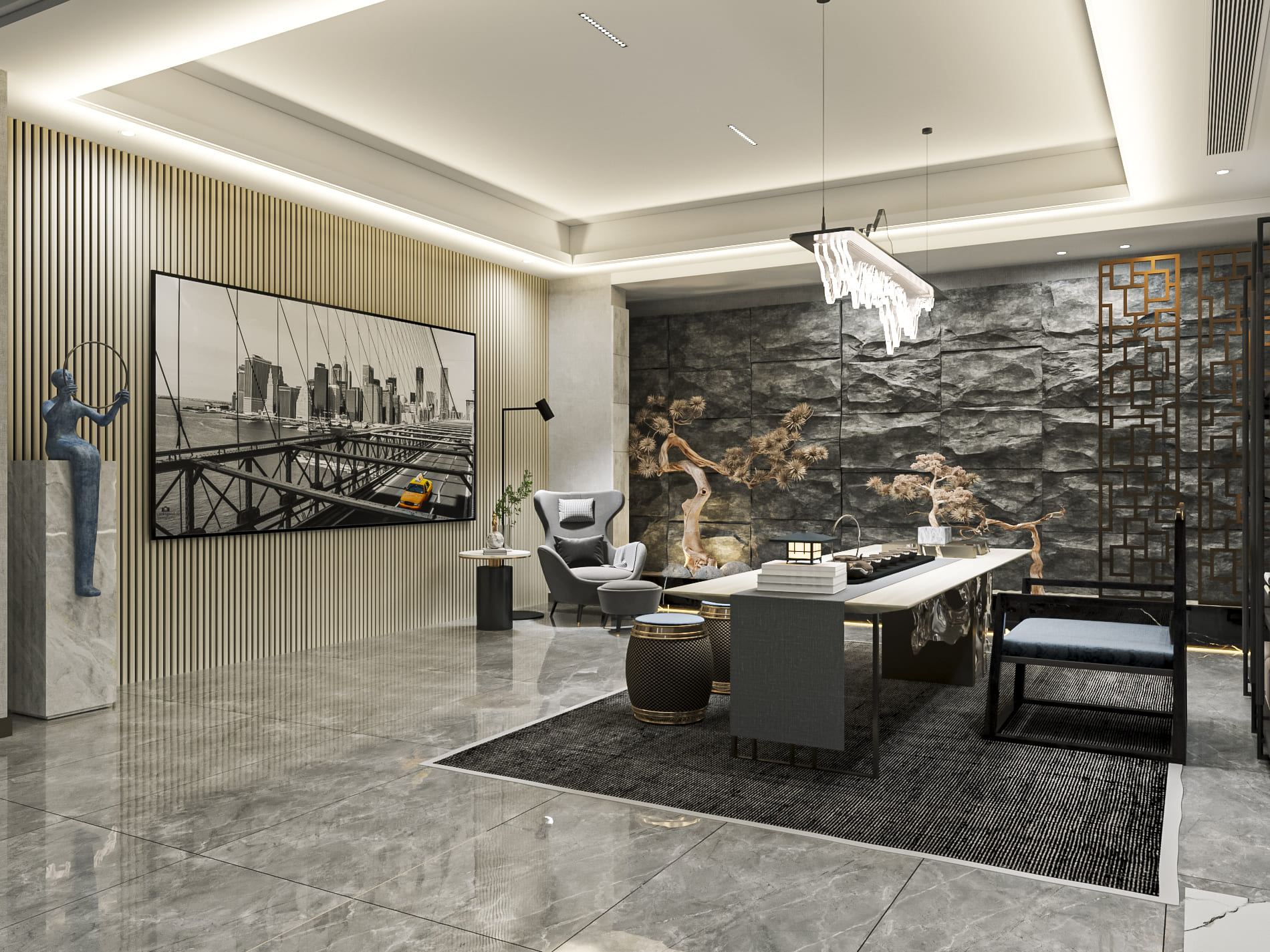 МДФ стеновая панель акустическая Cosca Decor Сканди Ясень Кристалл черный войлок 2750×600×19 фото в интерьере